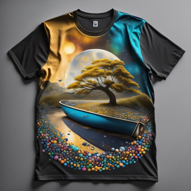 Een zwart shirt met een boot afbeelding