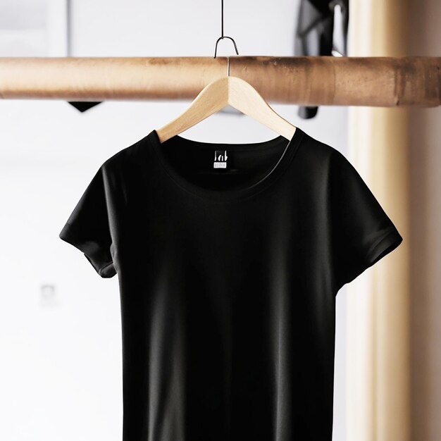 Foto een zwart t-shirt hangt op een hanger met het woord 