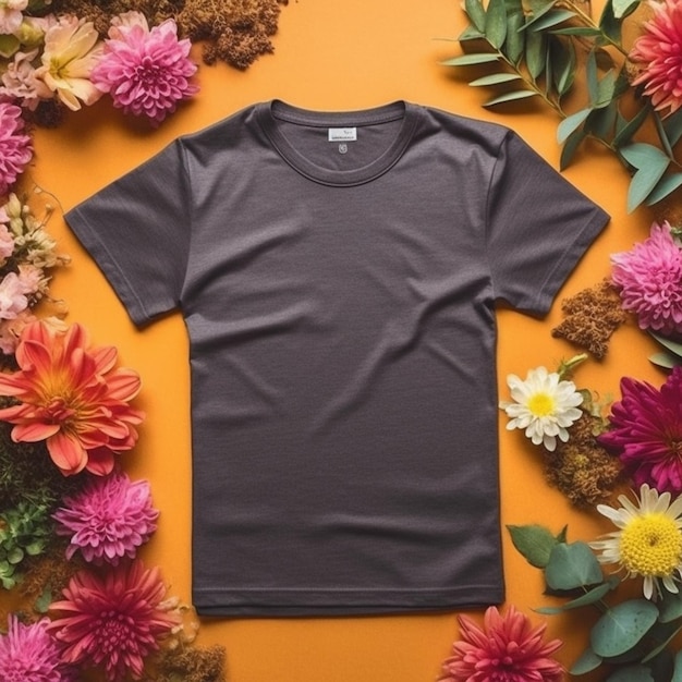 Een zwart t-shirt met het woord t-shirt erop staat op een gele achtergrond met bloemen.