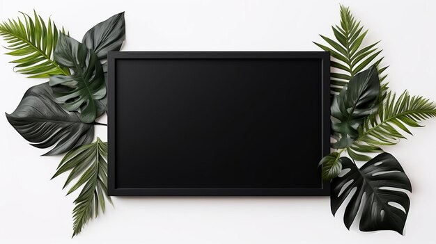 Een zwart vierkant frame omgeven door groene bladeren