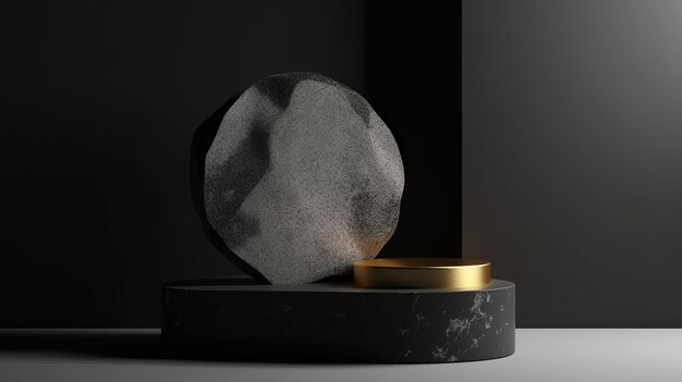 Een zwart voetstuk met gouden accenten met cosmetische schoonheidsproducten op een stenen podium met AI Generation