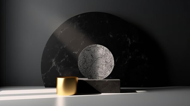 Een zwart voetstuk met gouden accenten met cosmetische schoonheidsproducten op een stenen podium met AI Generation