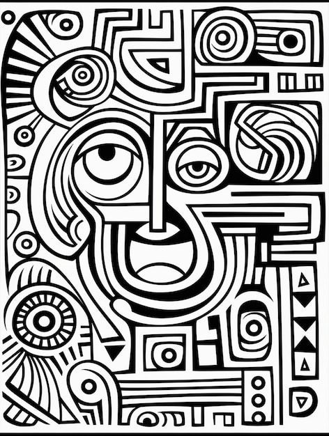 een zwart-wit abstracte illustratie van een man met ogen en een ontwerp.