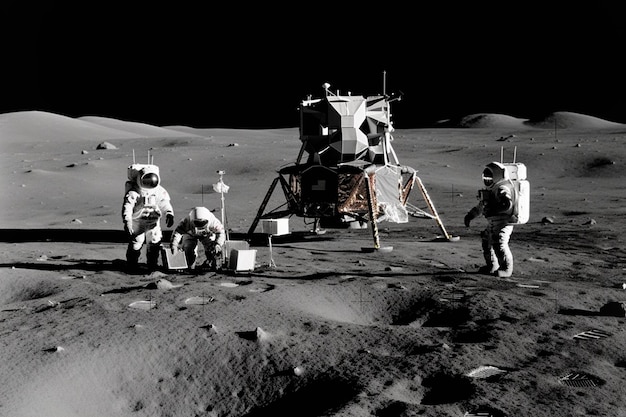 Een zwart-wit afbeelding van astronauten op de maan.