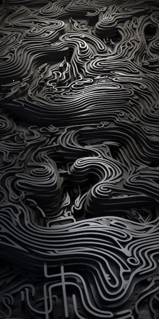 Een zwart-wit afbeelding van een berg met lijnen en bochten.