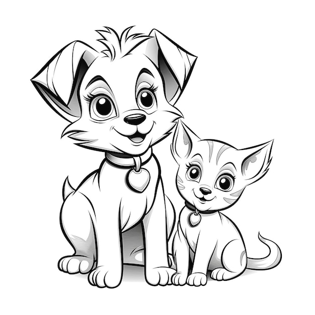 Foto een zwart-wit afbeelding van een hond en een kitten gegenereerde ai