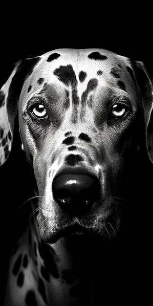 Een zwart-wit afbeelding van een hond met het gezicht van een dalmatiër.
