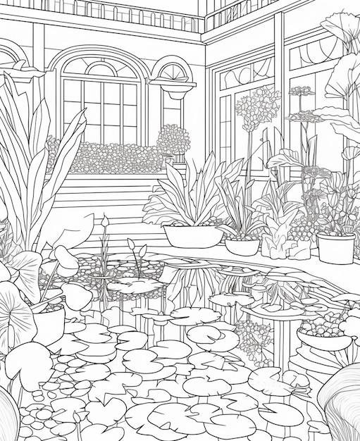 Een zwart-wit afbeelding van een huis met een tuin en planten.