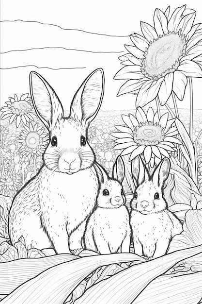 Een zwart-wit afbeelding van een konijn met twee kleine konijntjes in een bloemenveld.