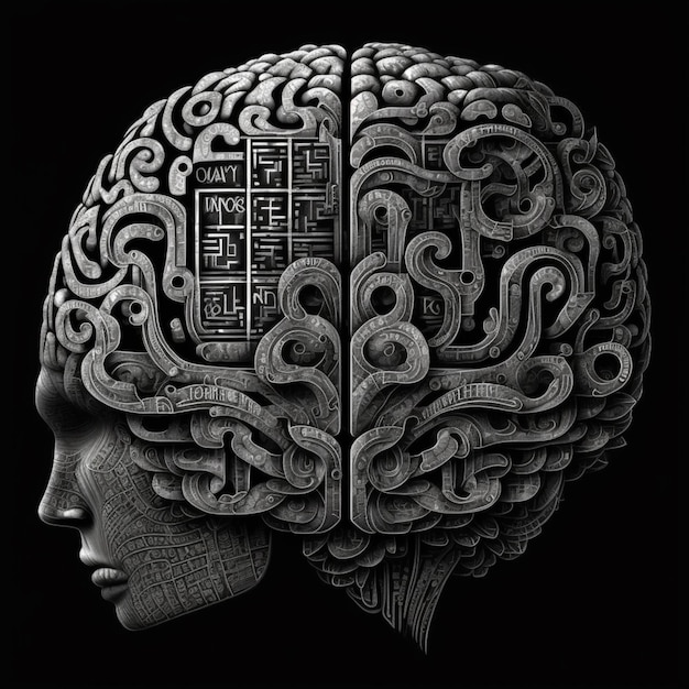 Een zwart-wit afbeelding van een menselijk brein met de woorden "im" aan de linkerkant.