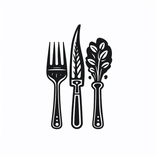 Een zwart-wit afbeelding van een mes en vork met een bladkruid erop.