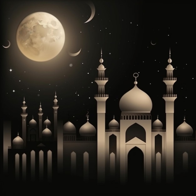 Een zwart-wit afbeelding van een moskee met een volle maan op de achtergrond.