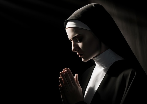 Een zwart-wit afbeelding van een non in gebed, vastgelegd in een minimalistische stijl met sterk contrast