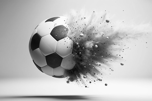 Een zwart-wit afbeelding van een voetbal met een nevel van lucht.