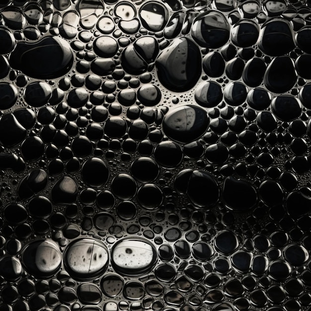 Een zwart-wit afbeelding van oliedruppels op een zwarte achtergrond.