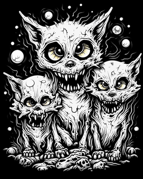 een zwart-wit beeld van drie katten met tanden en ogen generatieve ai