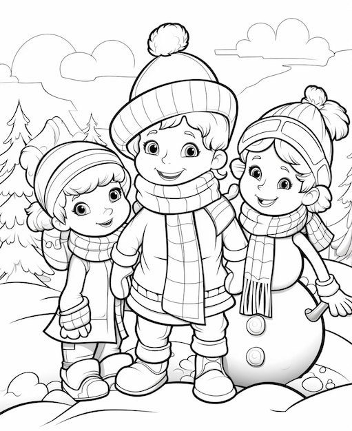 een zwart-wit beeld van drie kinderen die naast een sneeuwpop staan generatieve ai