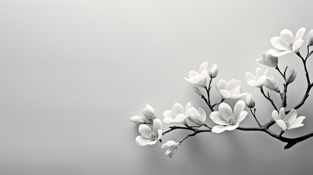 Een zwart-wit beeld van een bloeiende tak op een grijze achtergrond Voorjaarsverkoop