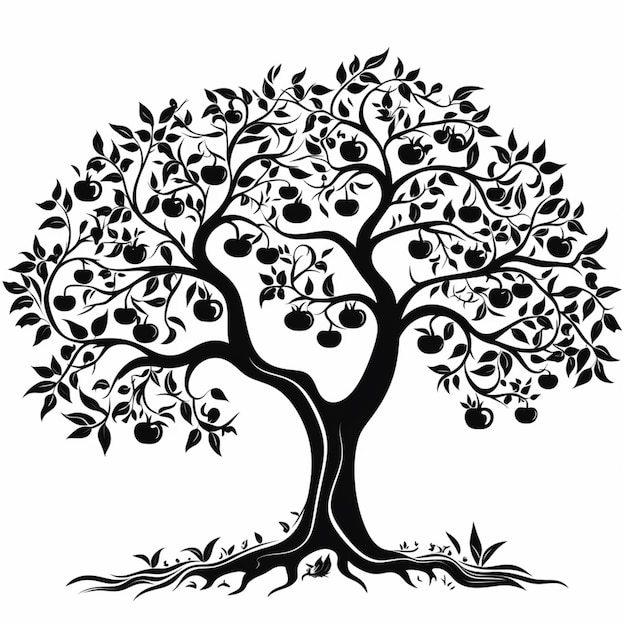 een zwart-wit beeld van een boom met appels die groeien generatieve ai