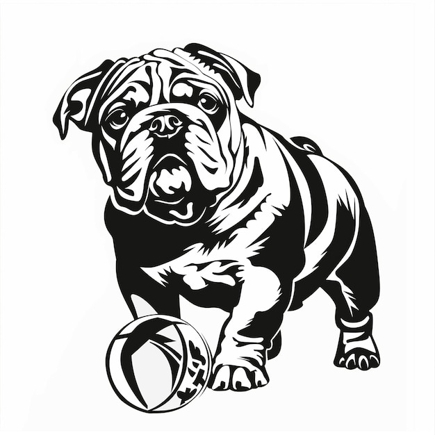 een zwart-wit beeld van een bulldog met een bol generatieve ai