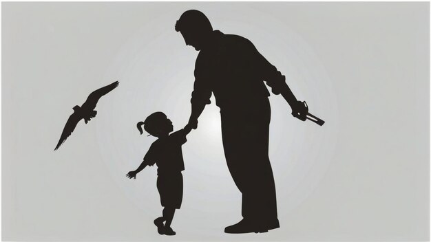 een zwart-wit beeld van een man en een kind met een pistool