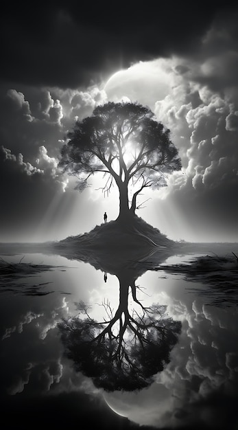 een zwart-wit beeld van een nachtelijke hemel met een boom en een reflectie