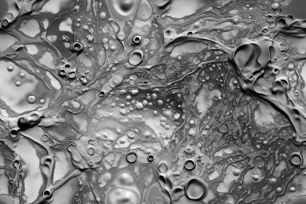 Een zwart-wit beeld van vloeistof en bubbels.