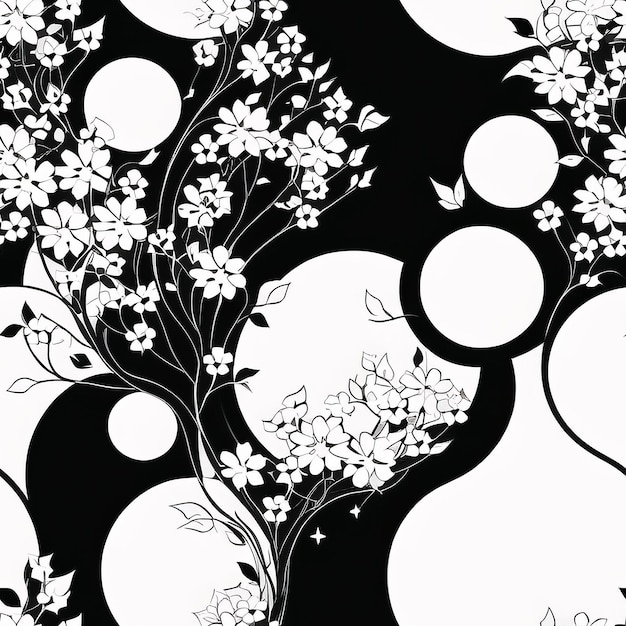 Een zwart wit behang met een bloemmotief en een boom met bloemen.