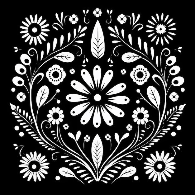 een zwart-wit bloemenontwerp met witte bloemen en bladeren generatieve ai