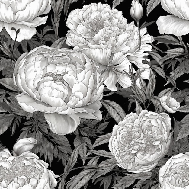 Een zwart-wit bloemenpatroon met pioenen en generatieve bladeren
