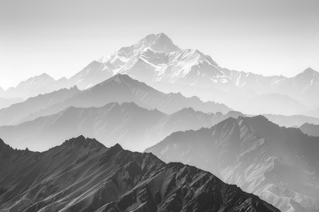 Een zwart-wit foto van een bergketen