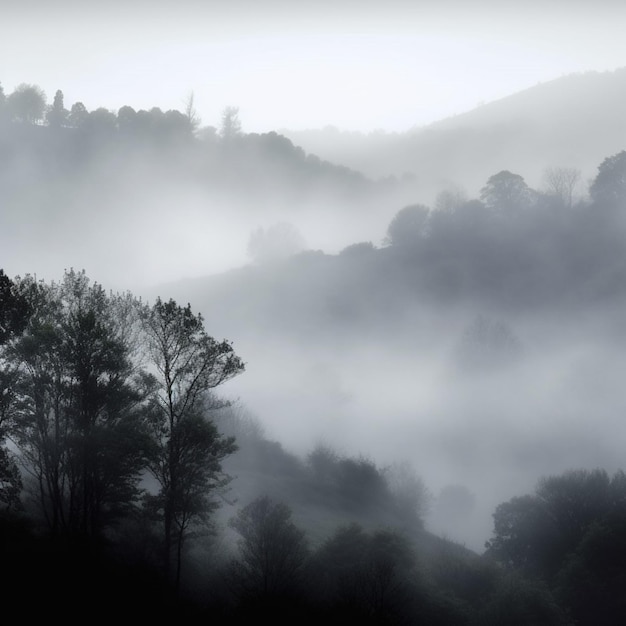 Een zwart-wit foto van een bos met bomen op de voorgrond en de mist rechts.