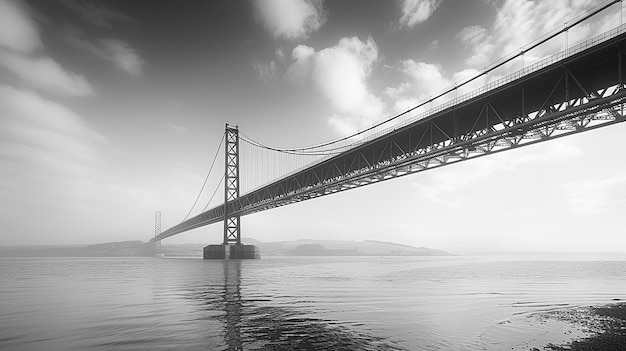 een zwart-wit foto van een brug en de mistige lucht