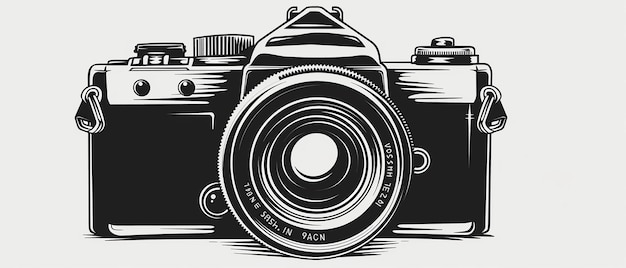 een zwart-wit foto van een camera met een foto van een lens