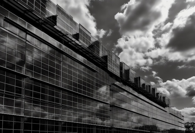 Een zwart-wit foto van een gebouw met een bewolkte lucht.