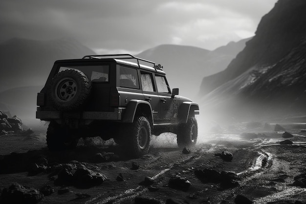 Een zwart-wit foto van een jeep met het woord landrover op de achterkant.