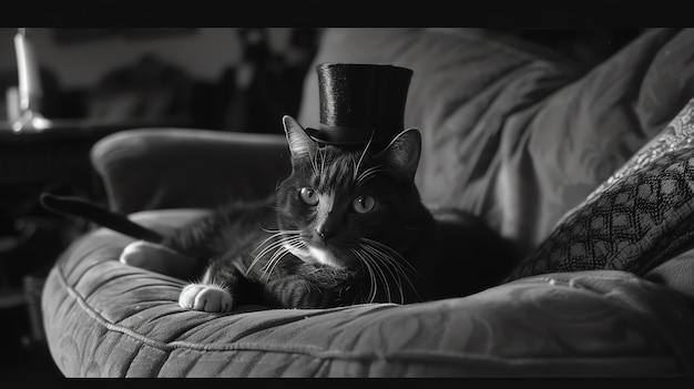 Een zwart-wit foto van een kat met een hoed. De kat zit op een bank en kijkt naar de camera.