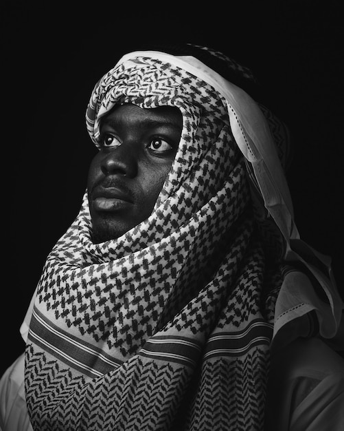 Foto een zwart-wit foto van een man met een sjaal op zijn hoofd