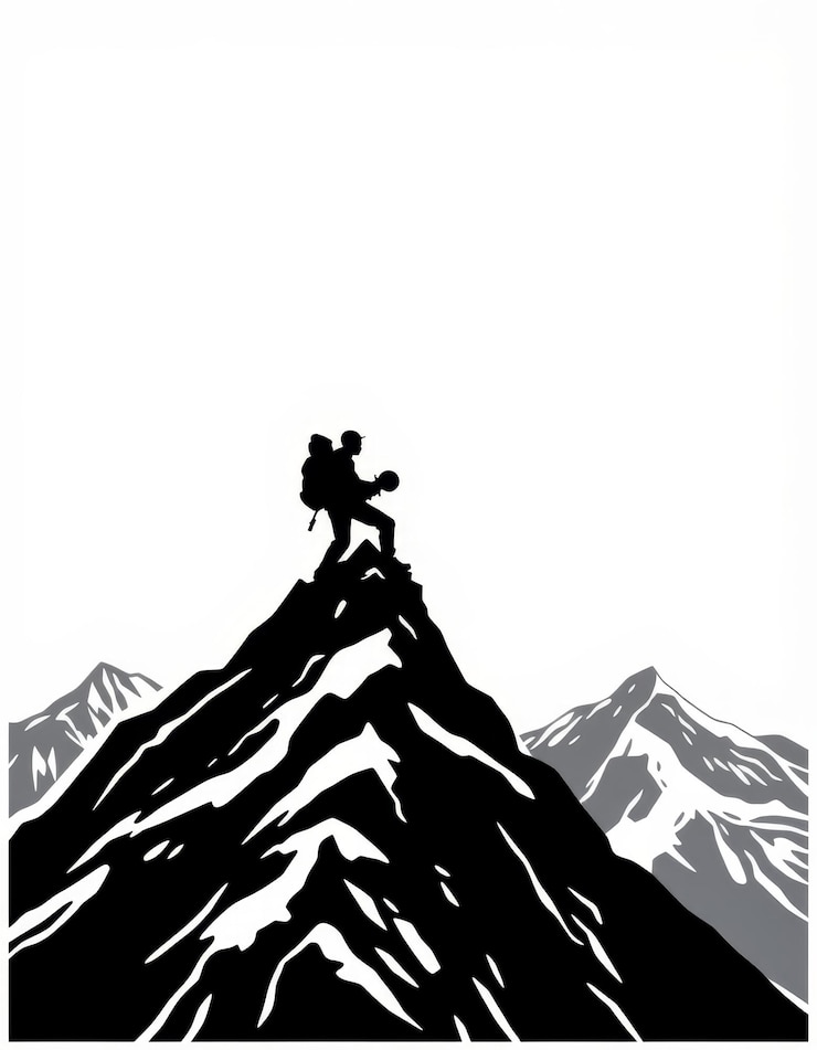 Foto een zwart-wit foto van een man op een berg met een berg op de achtergrond