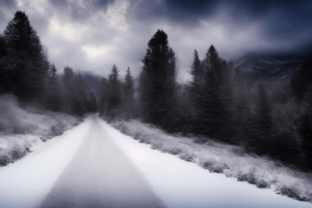 Een zwart-wit foto van een met sneeuw bedekte weg