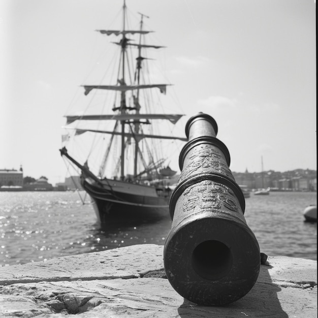 een zwart-wit foto van een schip met een groot pistool aan de voorkant