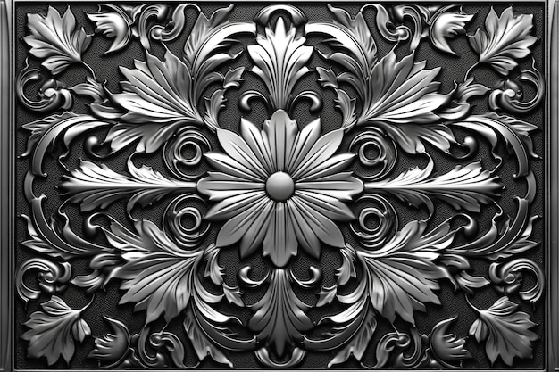Een zwart-wit foto van een sierlijk ontwerp op een zwarte achtergrond
