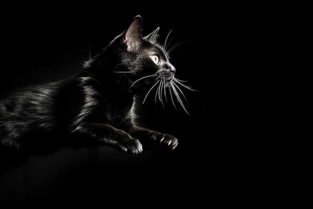 Een zwart-wit foto van een springende kat