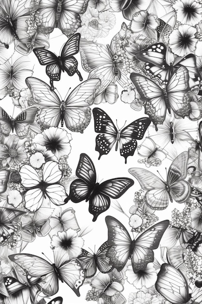 een zwart-wit foto van een stelletje vlinders generatieve ai