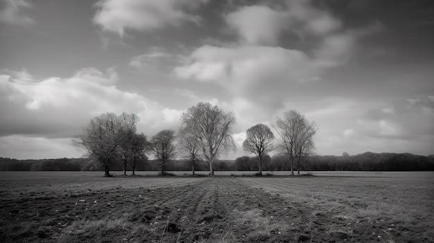 Een zwart-wit foto van een veld met bomen en een bewolkte lucht.