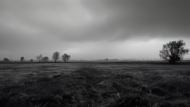 Een zwart-wit foto van een veld met bomen en een stad op de achtergrond.