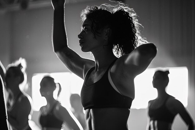 Een zwart-wit foto van een vrouw in een yoga les