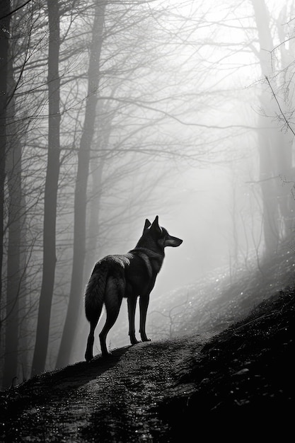 Een zwart-wit foto van een wolf in het bos