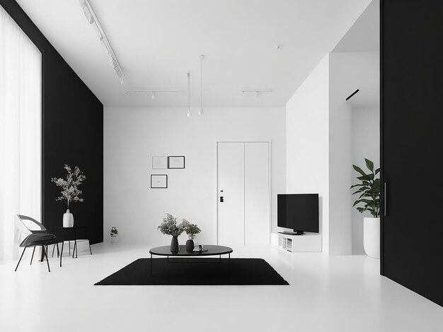 een zwart-wit foto van een woonkamer met een tv en een plant op de tafel