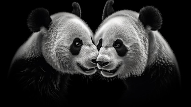 Een zwart-wit foto van panda's gezicht met zwarte en witte aftekeningen.